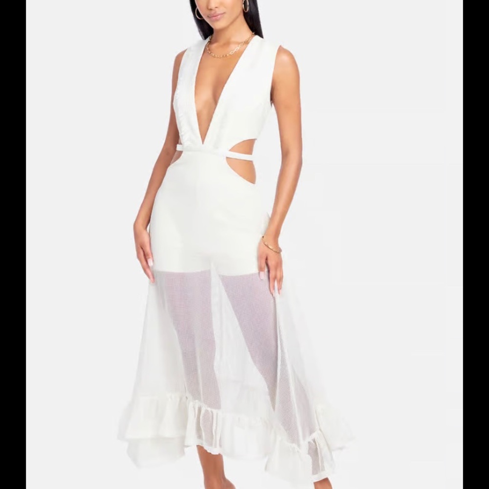 Fringe Mesh Plunge Maxi Gown / Romper